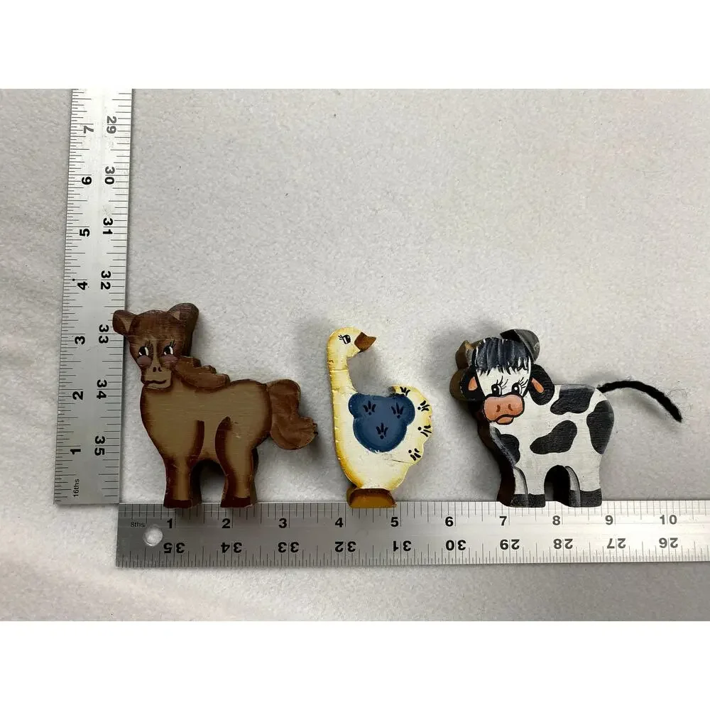 Vintage Handmade Wooden Farm Animal Figurines Set Cow Horse Duck Wood
